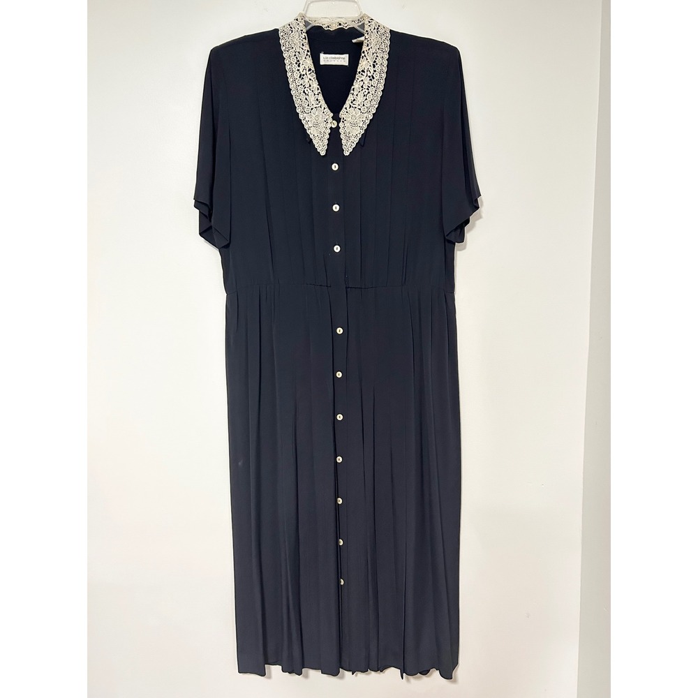 Liz Claiborne Vintage Navy Blue Lace Collar Pleated Dress Cottagecore 14 Rayon